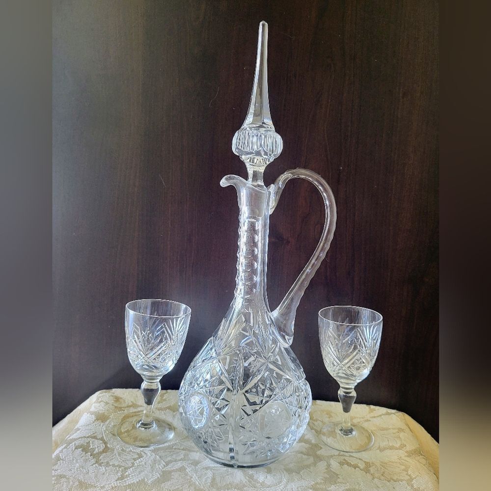 Vintage Cut Crystal Decanter with Stopper & Webb England Crystal Cordial Glasses